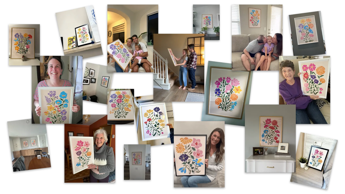 Collage of customer photos with their Family Garden prints at home