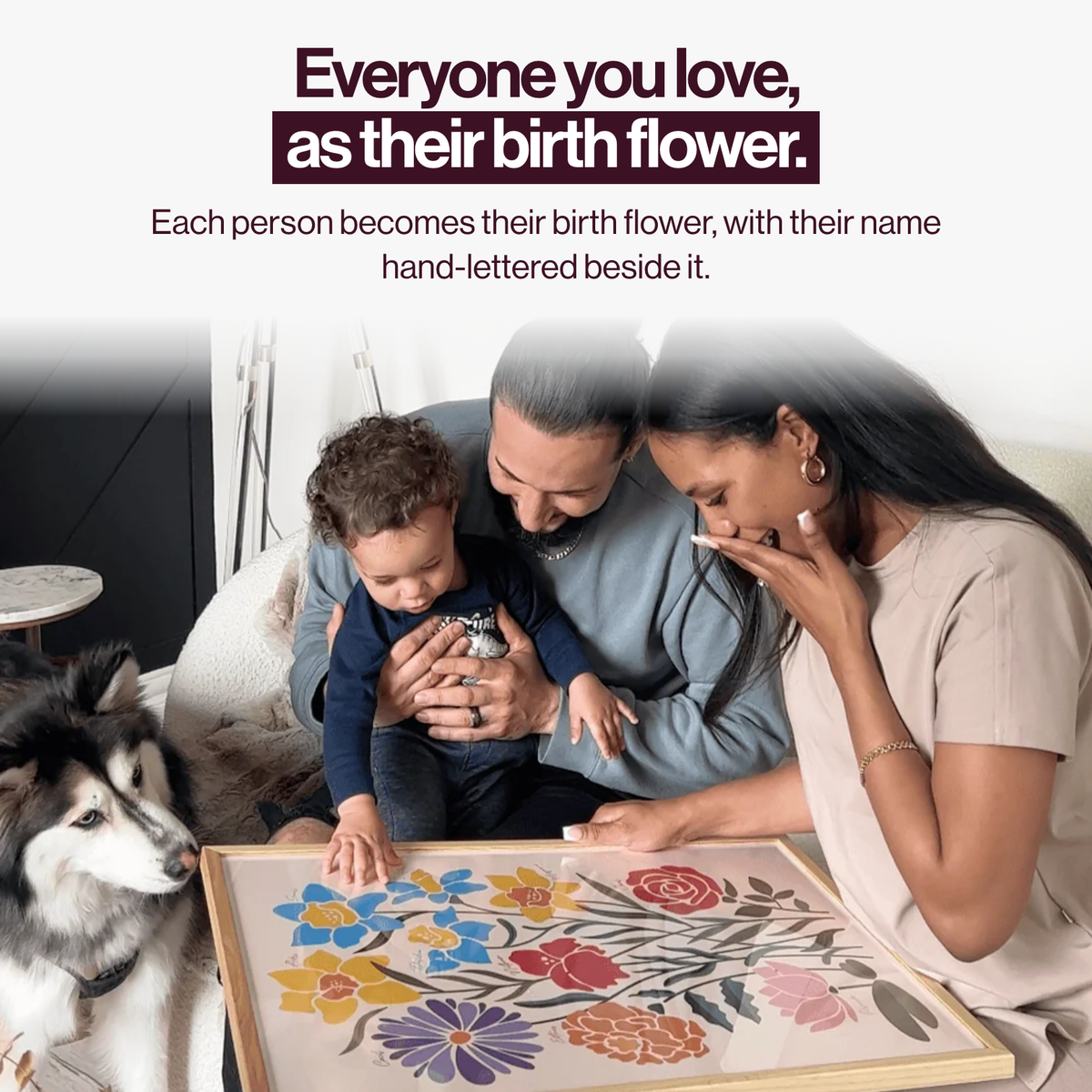 Everyone you love, as their birth flower: a family opening their Family Garden print