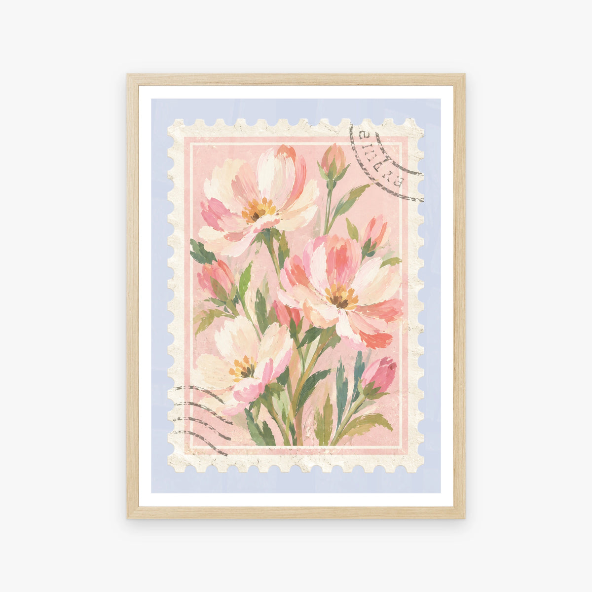 Floral Stamps II in a wood frame