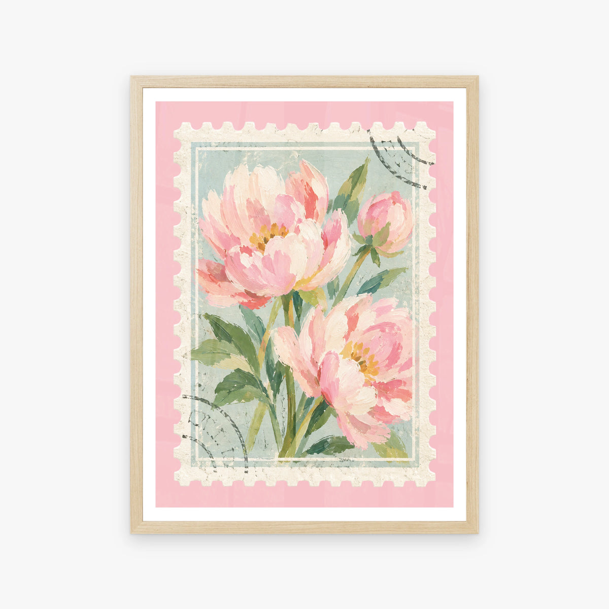 Floral Stamps III in a wood frame